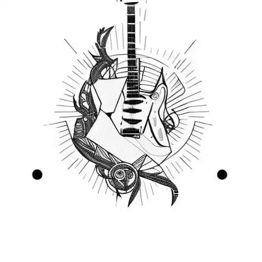 I would like a modern black and white tattoo on my forearm. Subject is an electric guitar, fly on a shap and roll style. tattoo design idea