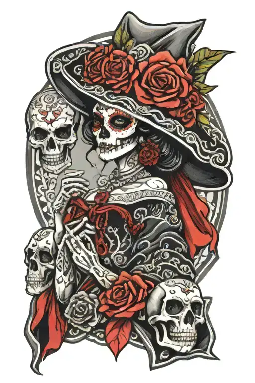 mexican catrina in a robe and with sculls black and red chicano tattoo design idea