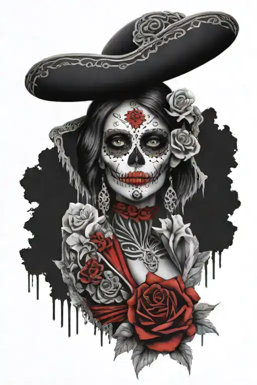 mexican catrina with robe tattoo with sculls black and red  tattoo design idea