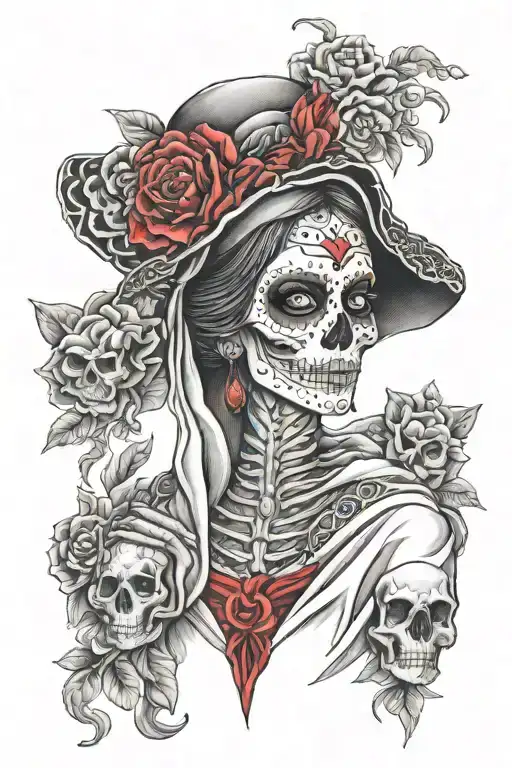 mexican catrina in a robe tattoo with sculls black and red  tattoo design idea