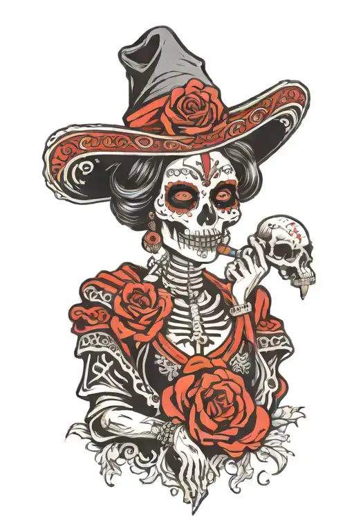 mexican catrina with robe and scull red and black tattoo design idea