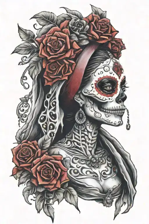 mexican catrina with robe tattoo with sculls black and red  tattoo design idea