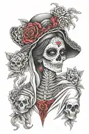 mexican catrina in a robe tattoo with sculls black and red  tattoo design idea