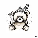 evil teddy bear with x''s for eyes holding a spiked mace in one hand tattoo design idea