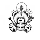 evil teddy bear with x''s for eyes holding a spiked mace in one hand tattoo design idea