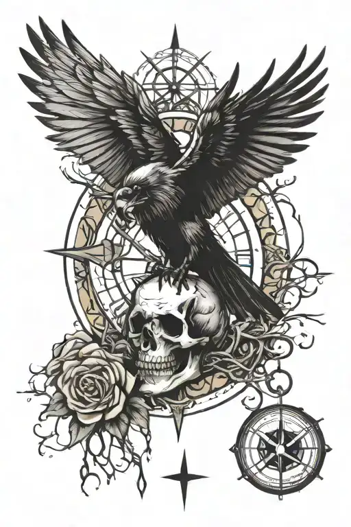 graveyard skull Crow and Compass  tattoo design idea