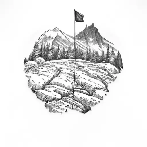 mountain scence with golf hole and flag tattoo design idea
