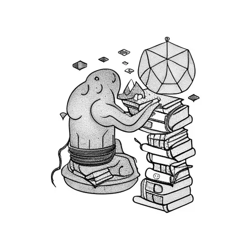 A blackwork tattoo of a pensive figure sitting on a stack of books, surrounded by thought bubbles tattoo design idea