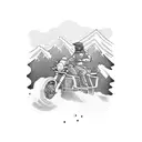 Motorcycle and 4x4 adventure through a mountainous landscape tattoo design idea