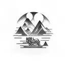 Motorcycle and 4x4 adventure through a mountainous landscape tattoo design idea