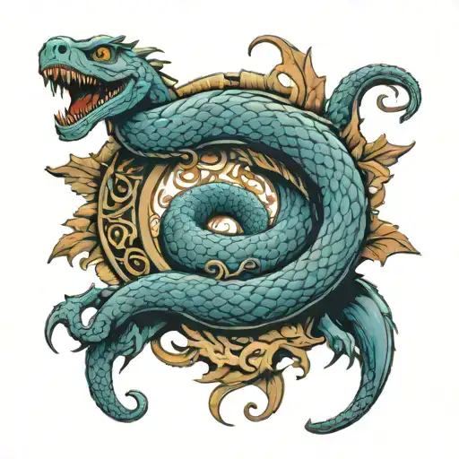 Jormungandr the great deep blue serpent encircles the Yggdrassil tattoo design idea