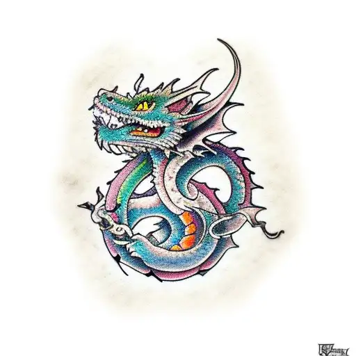 simple Dragon tattoo for wrist area, Tolkien elvish style, colorful, ornate tattoo design idea