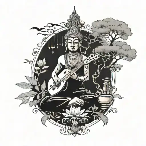 A student meditating under a tree with Hindu gods playing musical instruments in the background, illustrating a harmonious balance between studies and spirituality tattoo design idea