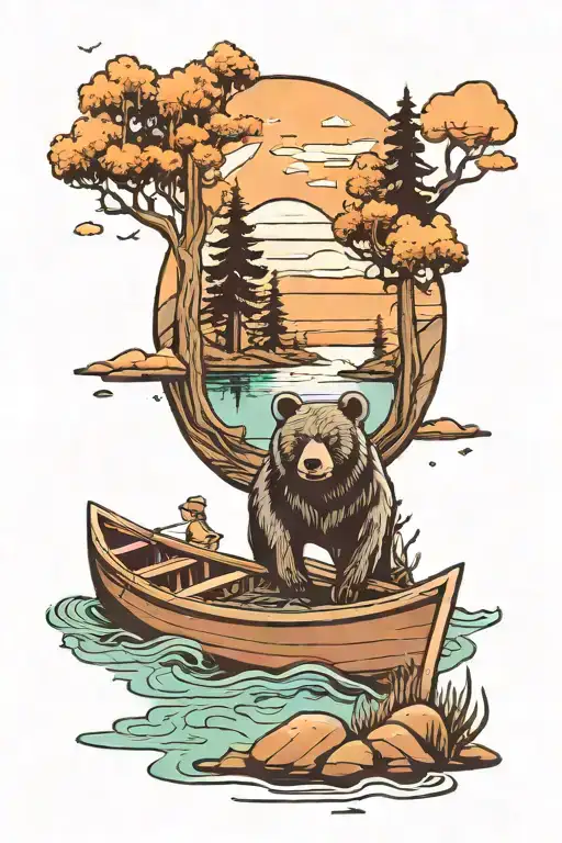 sunset, forestry, lake landscape with a boat in the lake and a cartoon bear in the boat tattoo design idea