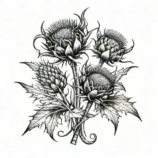 3 thistles with granny and papa ribbon hanging  tattoo design idea
