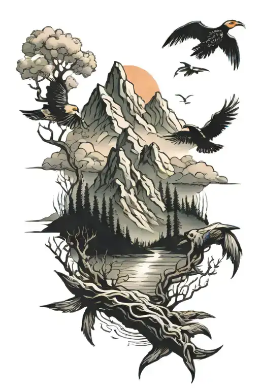 outdoor scene mountains  tattoo design idea