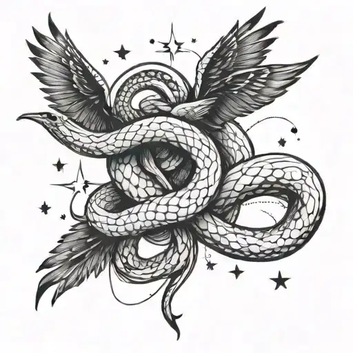 A constellation of birds and snakes intertwined with stars and clouds tattoo design idea