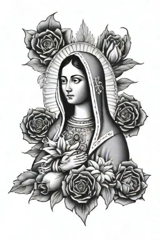 Create an idea of ​​a tattoo of the Virgin of Guadalupe in Black and grey style with some beautiful, divine flowers on the part tattoo design idea