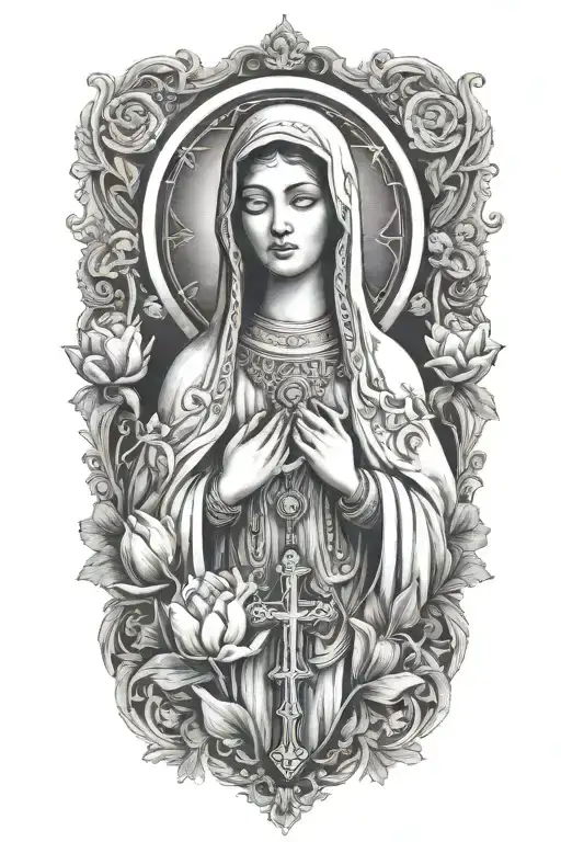 Rosary with tulips and lady Fatima  tattoo design idea
