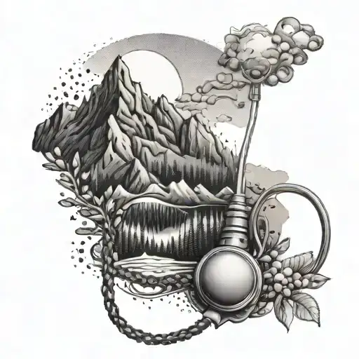 A dotwork tattoo of a mountain landscape with a stethoscope weaving through the peaks, representing your passion for both nature and medicine tattoo design idea