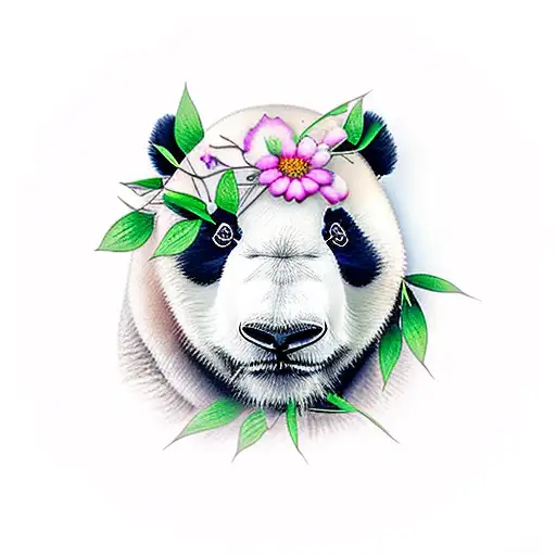 realistic panda face with flowers surrounding  tattoo design idea