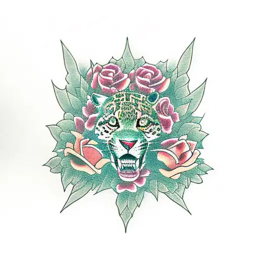 full body jaguar with roses  tattoo design idea