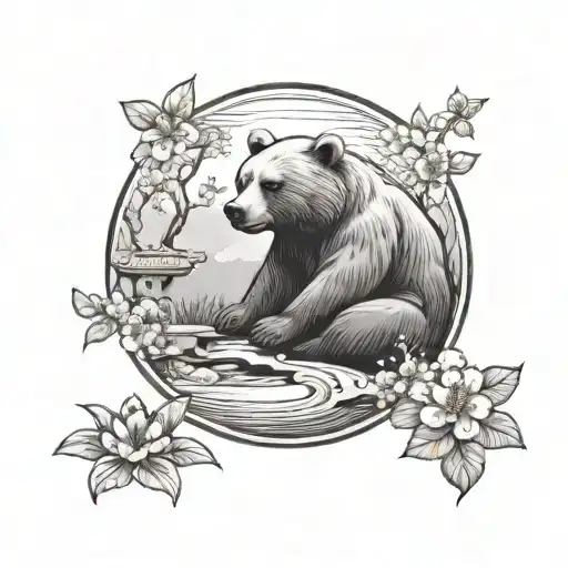 A serene zen garden scene with a meditating bear surrounded by cherry blossom trees tattoo design idea