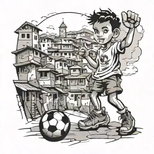 Create a tattoo design of a kid holding a fotball in the favelas while showing up to the sky with one finger   tattoo design idea
