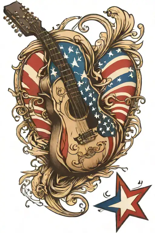 A guitar with a Texan flag design intertwined with American flag elements, symbolizing patriotism and love for music tattoo design idea