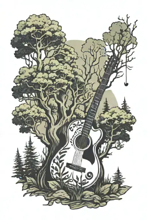 A forest scene with a hidden Christian cross and guitar hidden among the trees, representing a connection to nature and music tattoo design idea