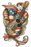 A guitar with a Texan flag design intertwined with American flag elements, symbolizing patriotism and love for music tattoo design idea