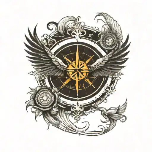 compass with wings coming in yin yang symbol formed tattoo design idea
