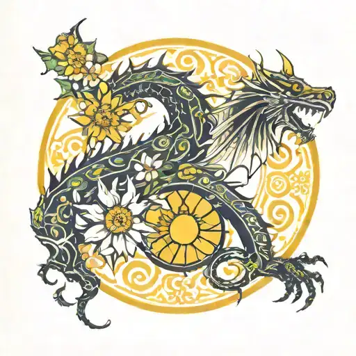 biatir dragon baltic tribal flowers sun and moon  tattoo design idea