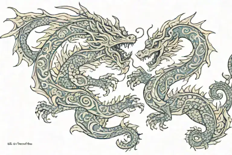 folk art two dragons dueling each other baltic tribal with flowers sun and moon  tattoo design idea