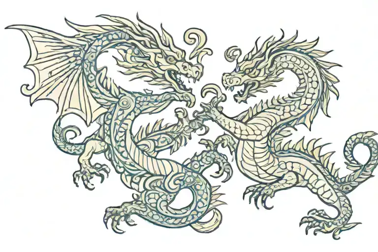 prussian folk art two dragons dueling each other baltic tribal with flowers sun and moon  tattoo design idea