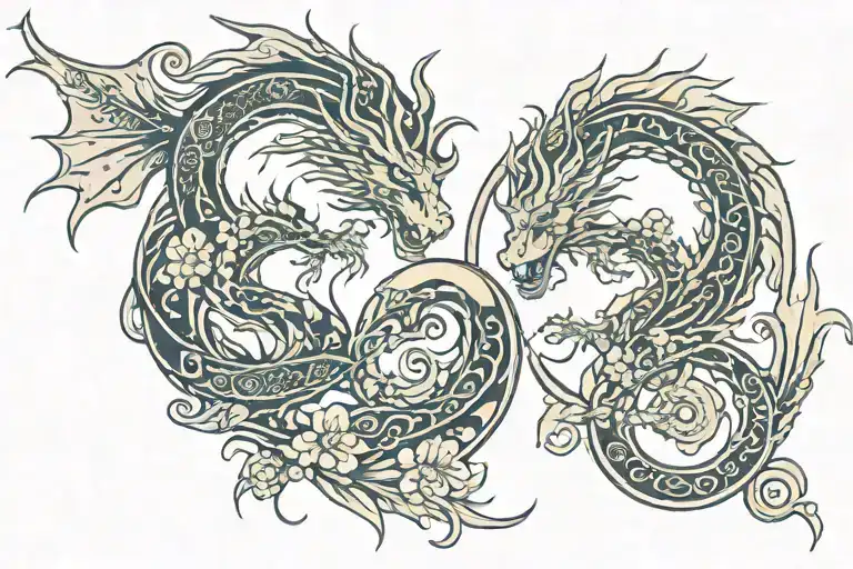 folk art two dragons baltic tribal  flowers sun and moon  tattoo design idea