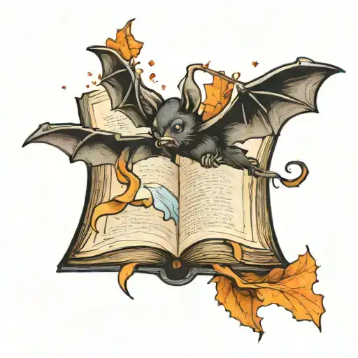 an open book from which a small bat transforms with magic, nothing comes out around it and in black w tattoo design idea