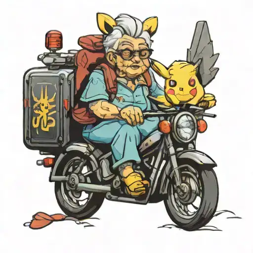 grandma on a bike with pikatchu on his head tattoo design idea