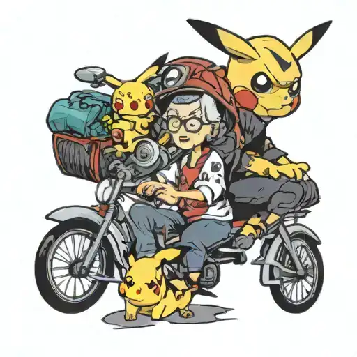 grandma on a bike with pikachu on hes head tattoo design idea