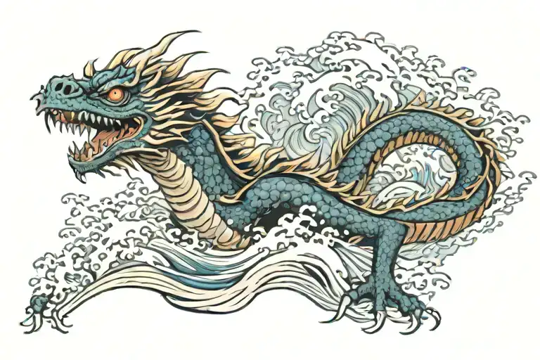 fire dragon with White eyes flying over Wave of kanagawa tattoo design idea