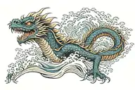 fire dragon with White eyes flying over Wave of kanagawa tattoo design idea