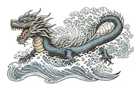 fire dragon with White eyes flying over Wave of kanagawa tattoo design idea