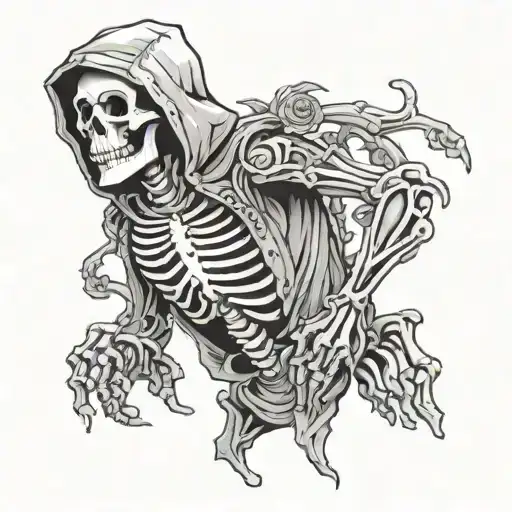 skeleton wearing a hoodie and chast rig tattoo design idea