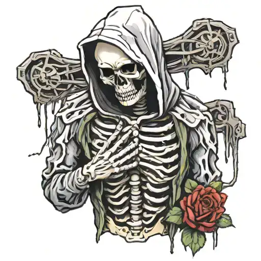skeleton wearing a hoodie and chest rig tattoo design idea