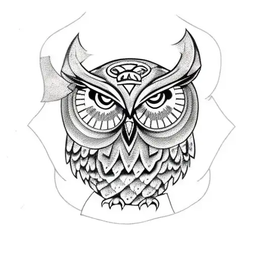 owl with protection rune black and white geometric tattoo design idea