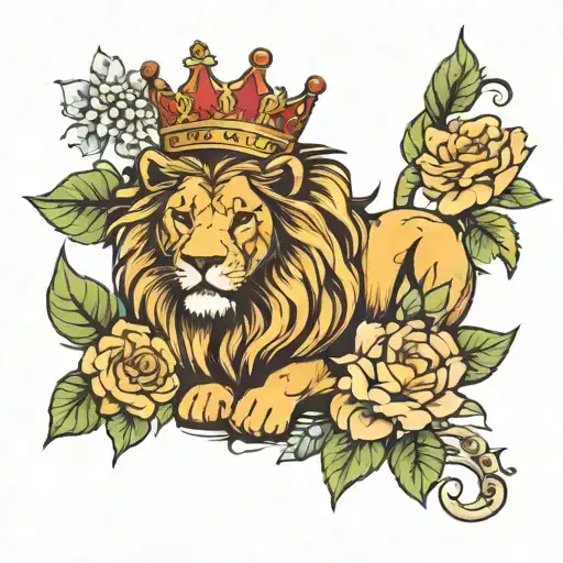 lion with crown surrounded by flowers tattoo design idea