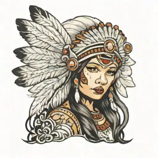 female native headdress with baby Angel in  heaven  tattoo design idea