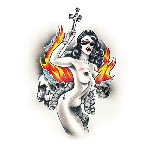 nude woman surrounded by skulls and fire tattoo design idea