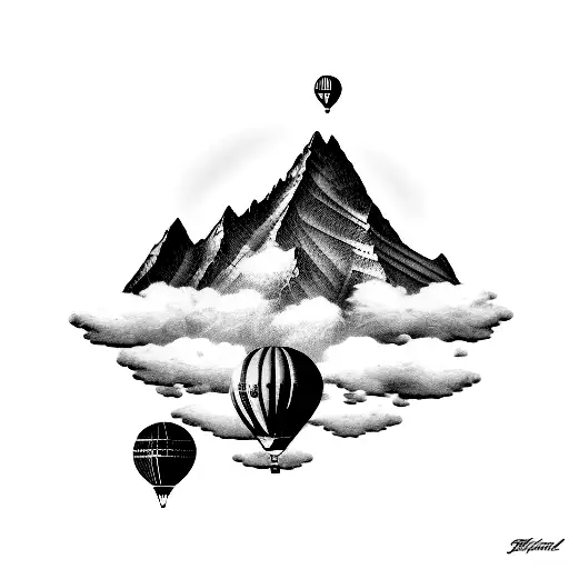 A realistic depiction of a mountain range with a hot air balloon floating above tattoo design idea
