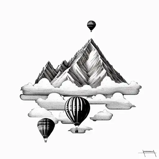 A realistic depiction of a mountain range with a hot air balloon floating above tattoo design idea
